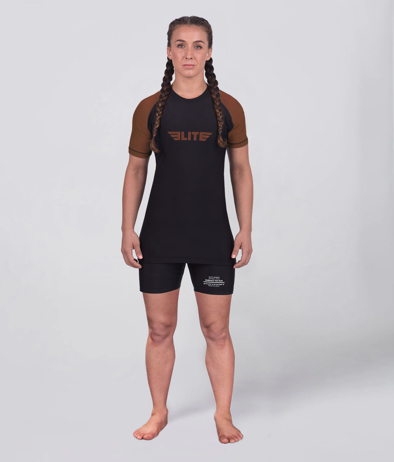 elite sports standard brown lighweight short sleeve womens bjj rash guard