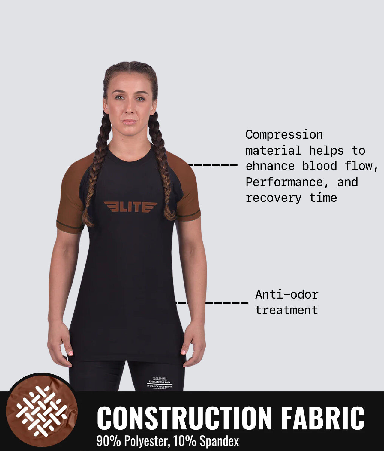 Elite Sports Women's Standard Brown Short Sleeve Jiu Jitsu BJJ Rash Guard Construction Fabric