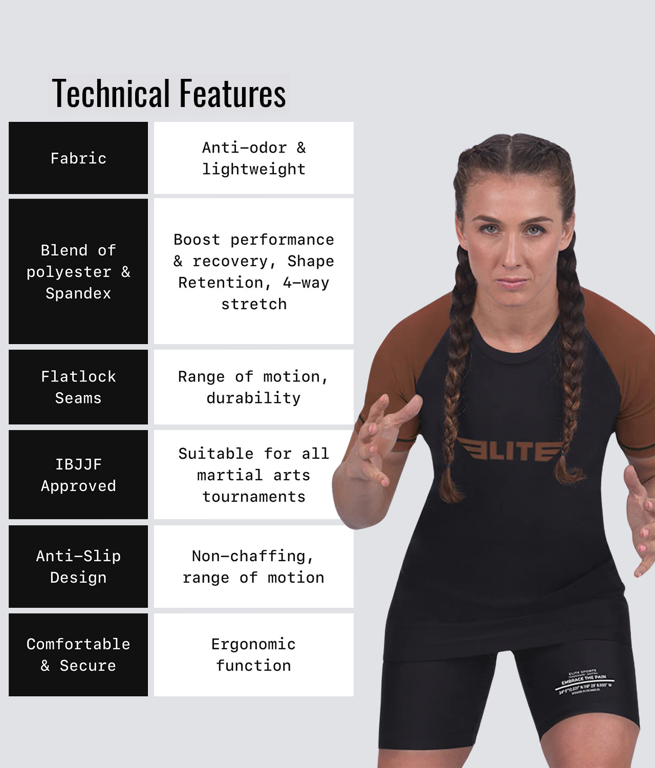 Elite Sports Women's Standard Brown Short Sleeve Jiu Jitsu BJJ Rash Guard Technical Features