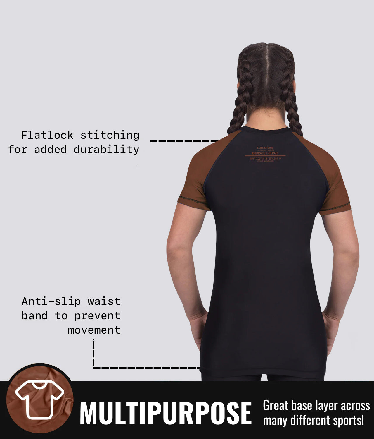 Elite Sports Women's Standard Brown Short Sleeve Jiu Jitsu BJJ Rash Guard Multipurpose