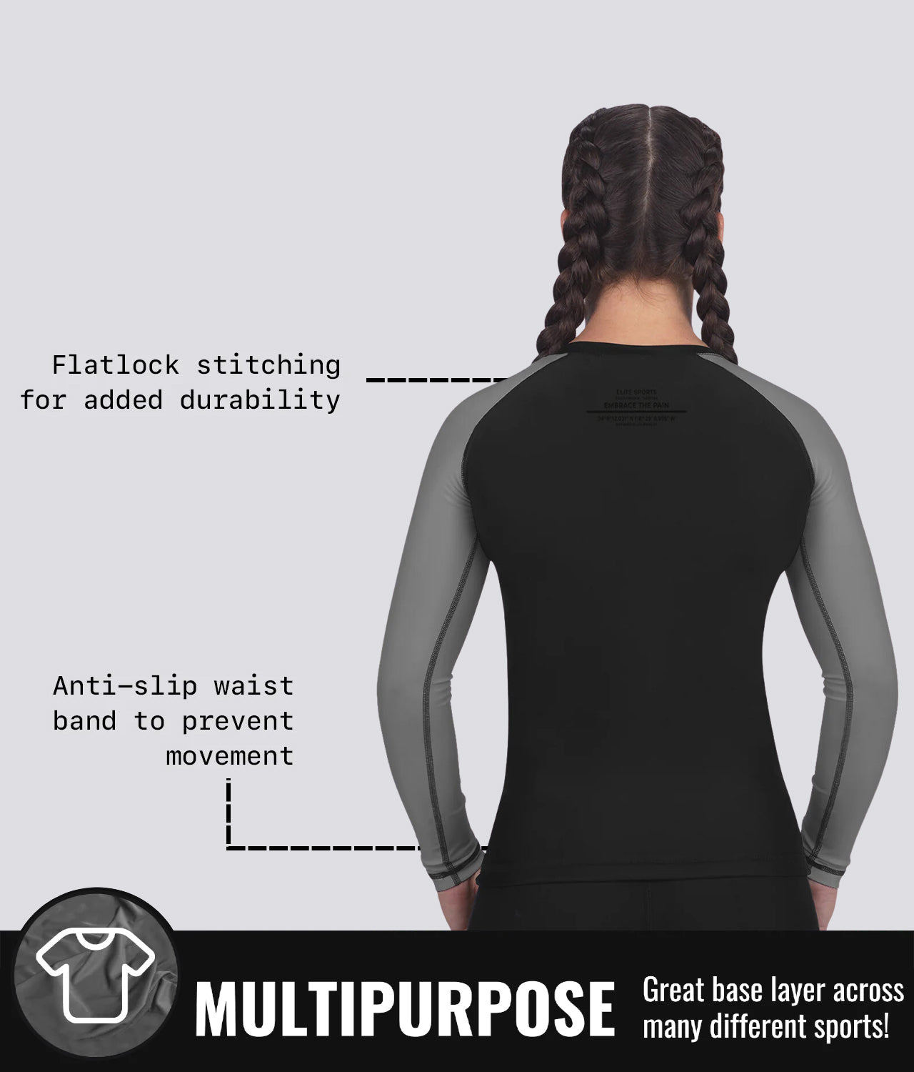 Elite Sports Women's Standard Gray Long Sleeve Jiu Jitsu BJJ Rash Guard Multipurpose