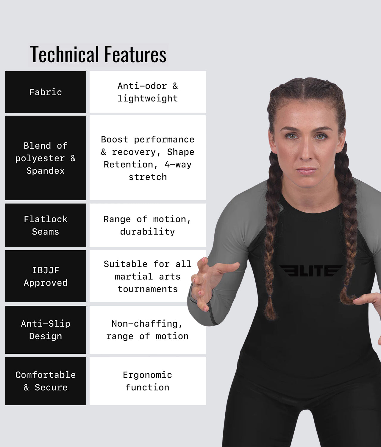 Elite Sports Women's Standard Gray Long Sleeve Jiu Jitsu BJJ Rash Guard Technical Features