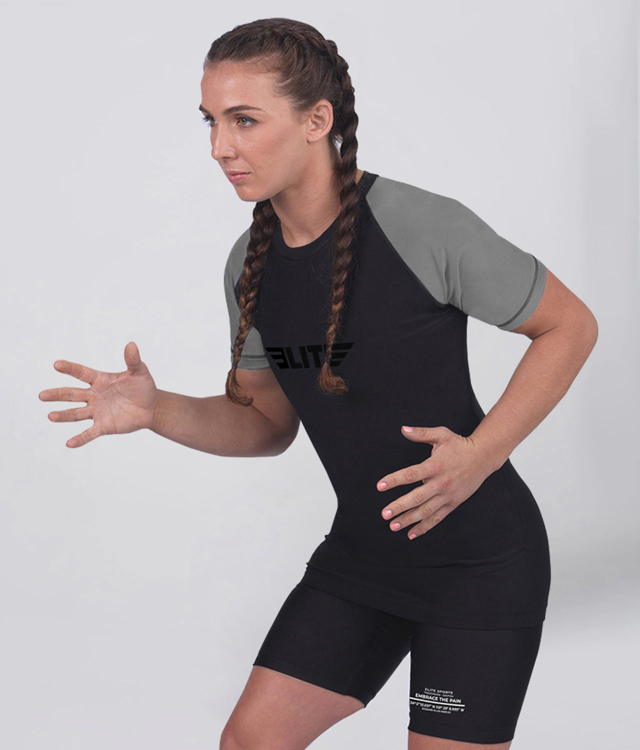 elite sports standard gray short sleeve womens no-gi bjj rash guard flatlock seams