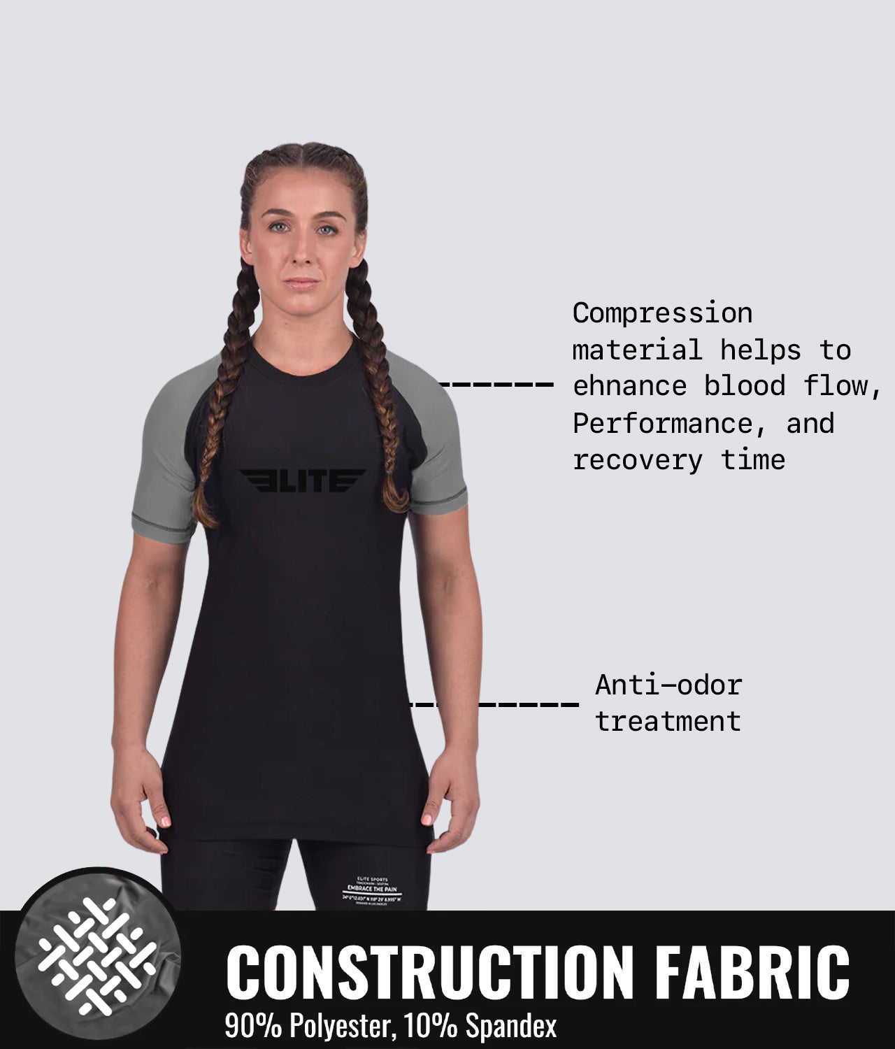 Elite Sports Women's Standard Gray Short Sleeve Jiu Jitsu BJJ Rash Guard Construction Fabric