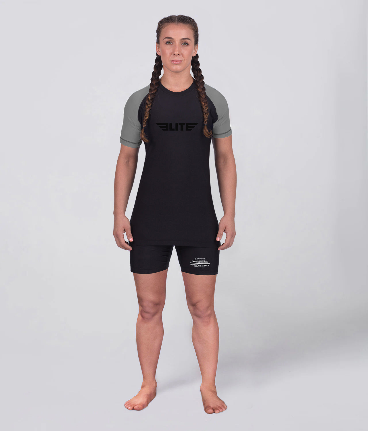 Elite Sports Women's Standard Gray Short Sleeve Jiu Jitsu BJJ Rash Guard Full Look