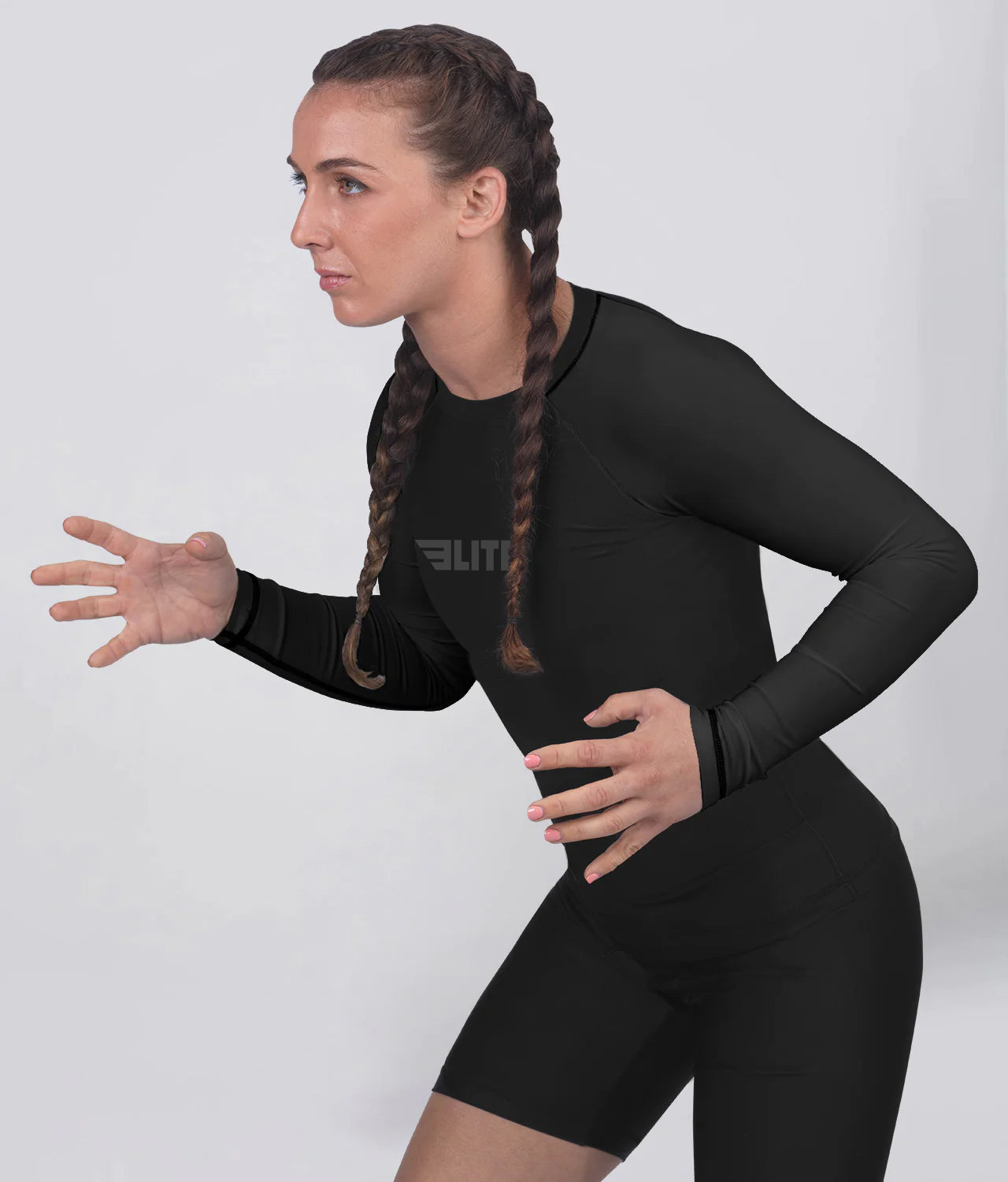 Elite Sports Women's Standard Black Long Sleeve Jiu Jitsu BJJ Rash Guard Action
