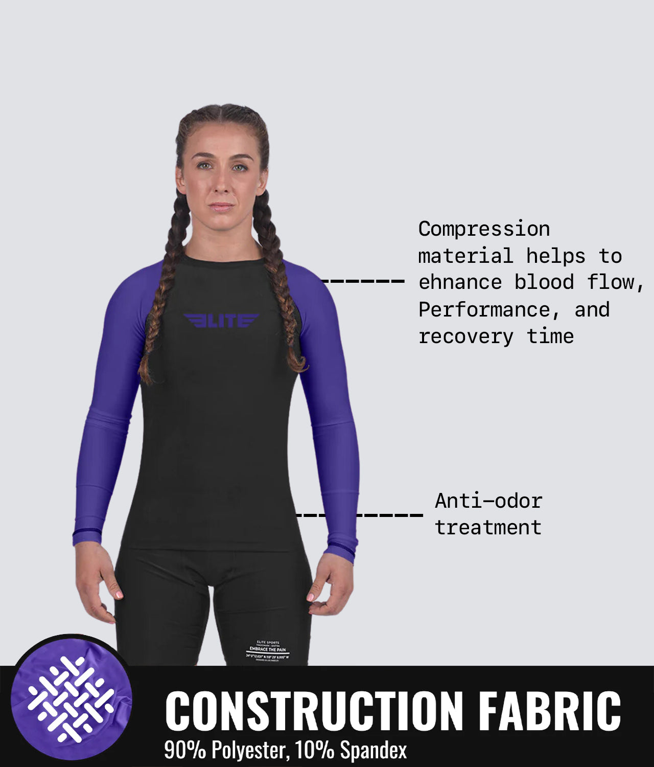 Elite Sports Women's Standard Purple Long Sleeve Jiu Jitsu BJJ Rash Guard Construction Fabric