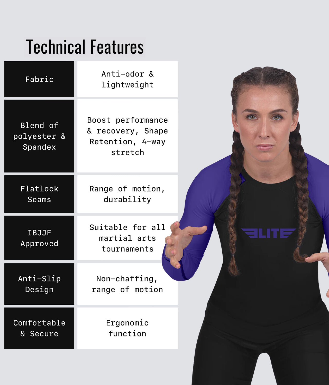 elite sports standard purple long sleeve ladies bjj rashguard technical features