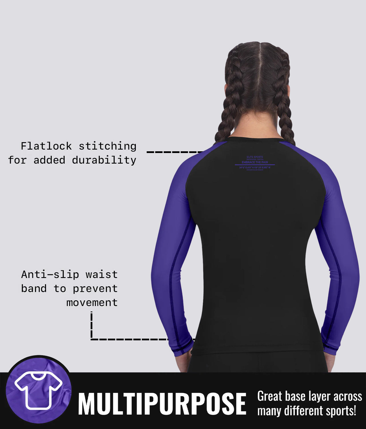 Elite Sports Women's Standard Purple Long Sleeve Jiu Jitsu BJJ Rash Guard Multipurpose