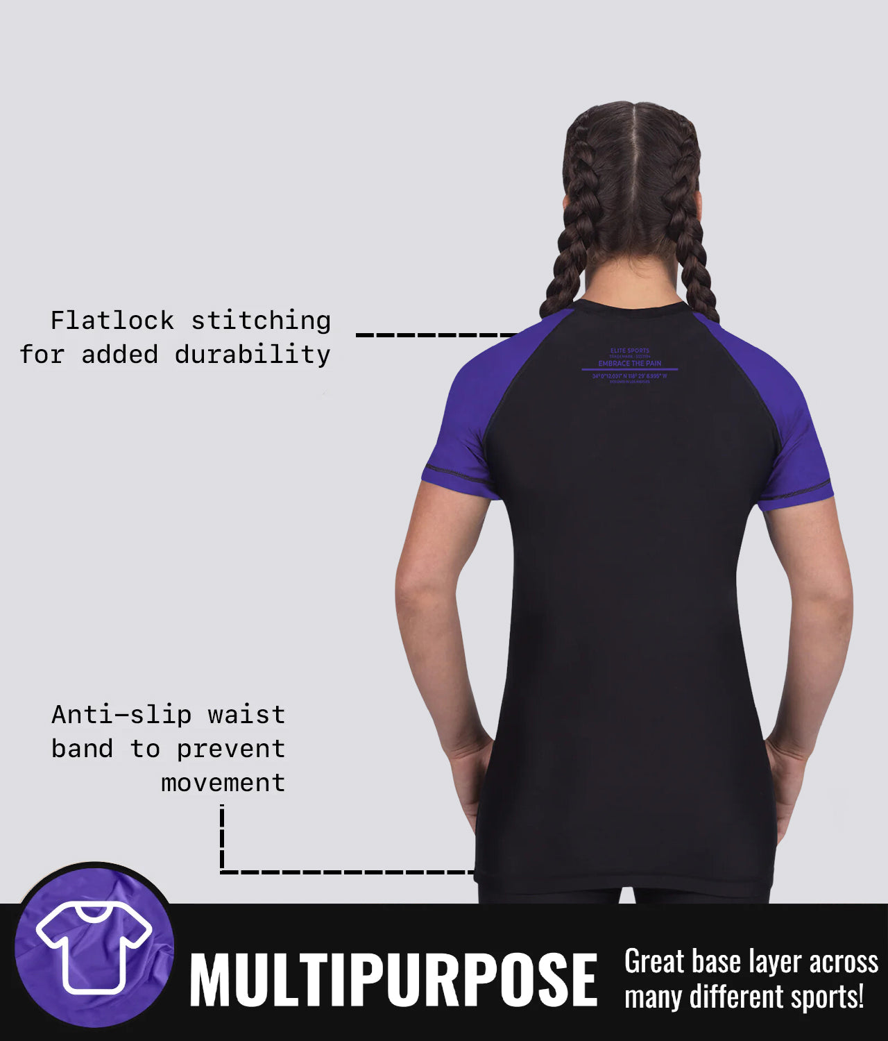 elite sports standard purple multipurpose short sleeve womens no-gi bjj rashguard