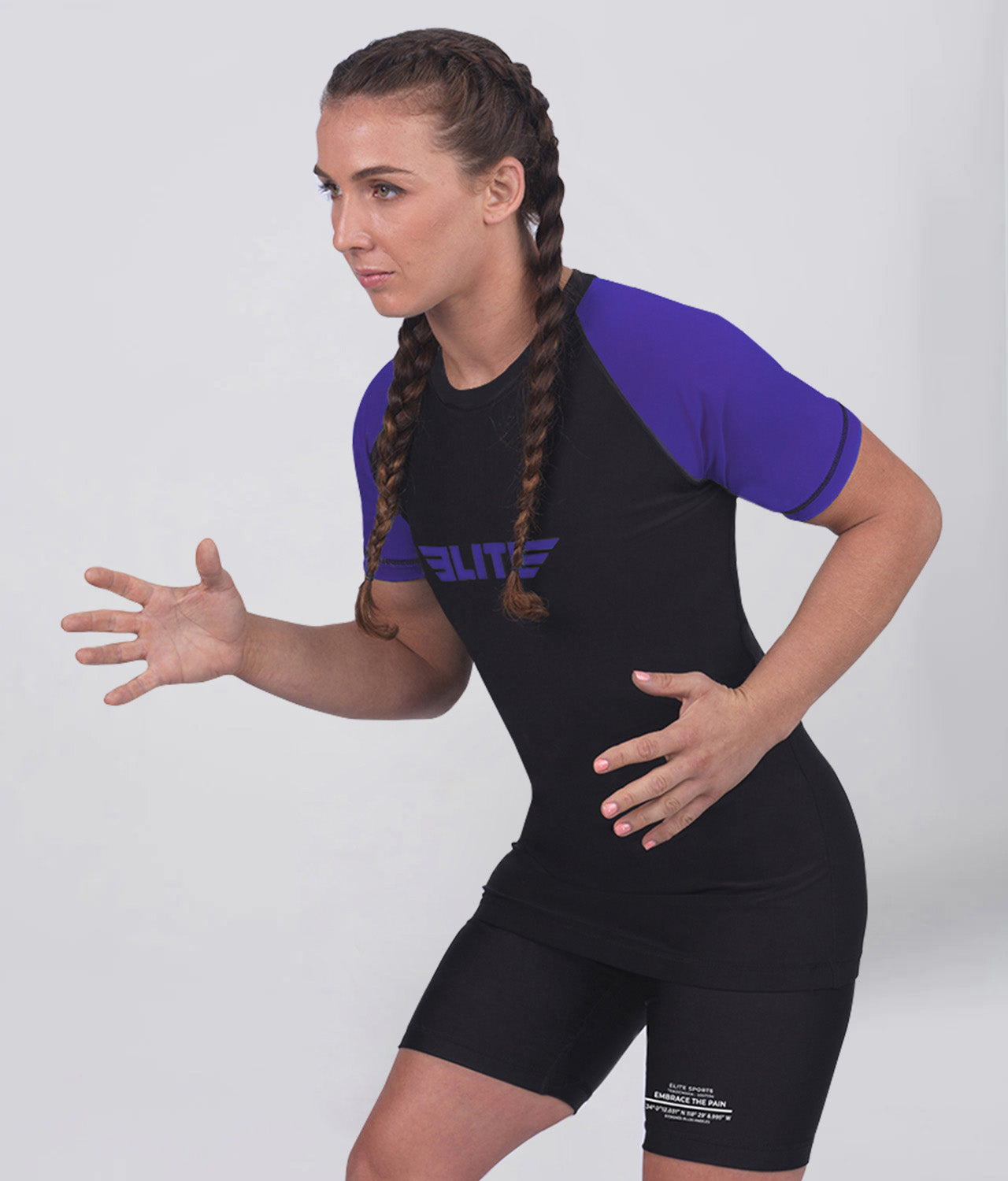 women's standard purple short sleeve mma rash guard action view