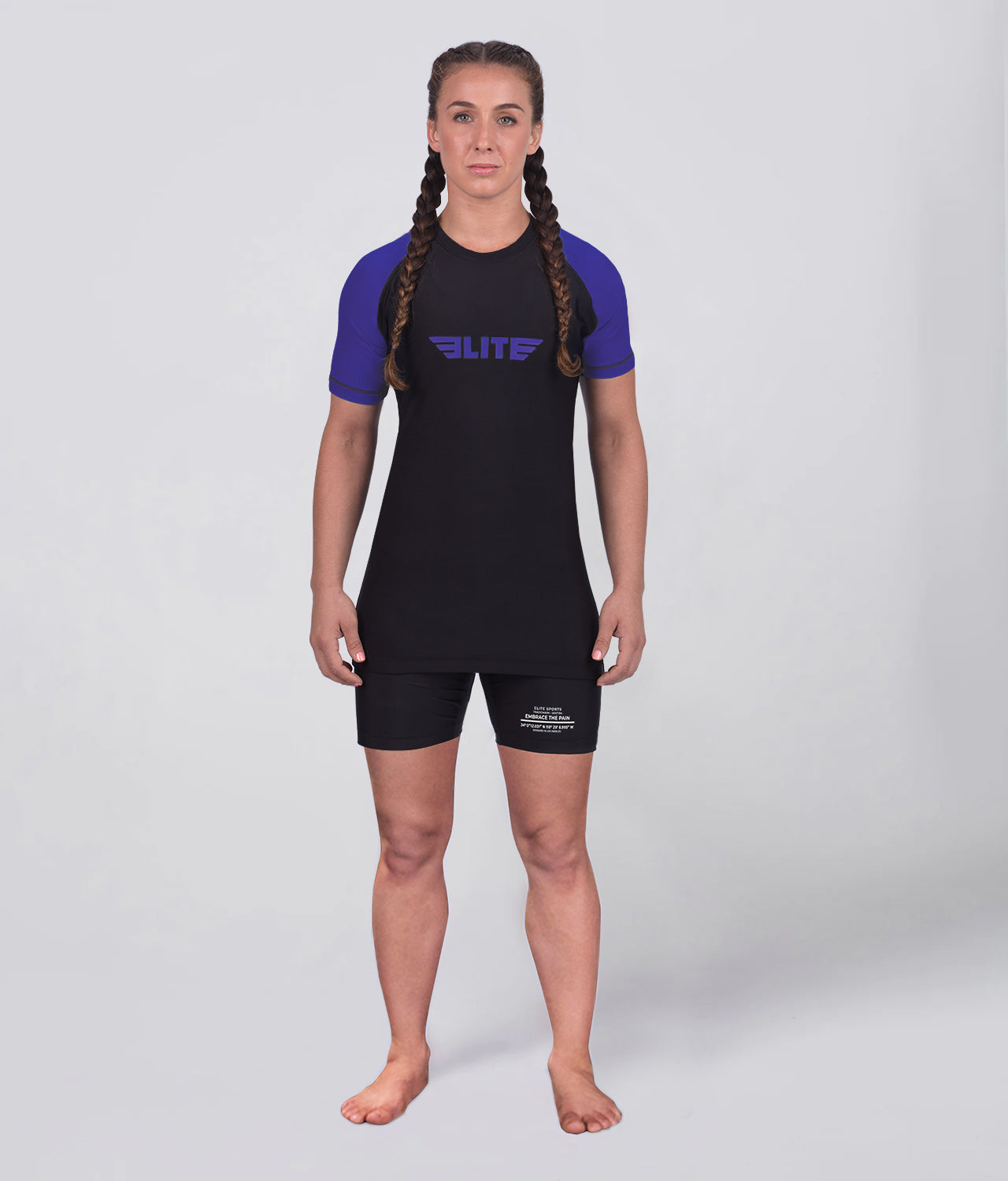 women's standard purple short sleeve mma rash guard full look