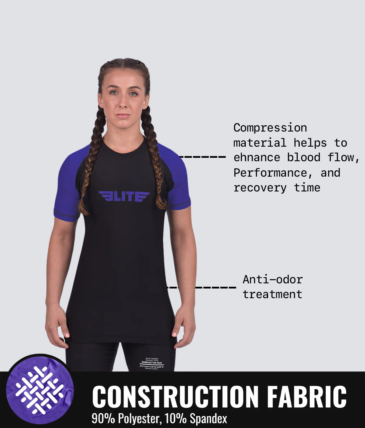 women's standard purple short sleeve mma rash guard construction fabric