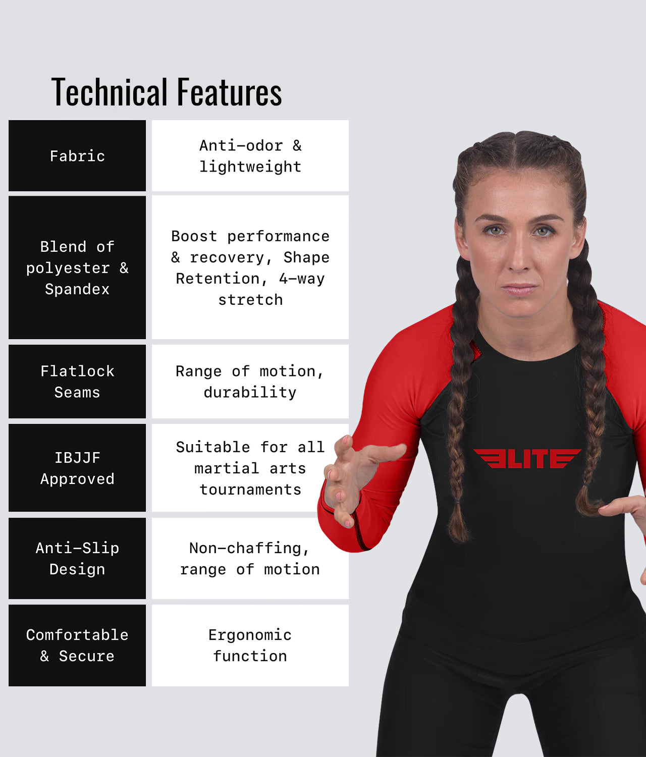 elite sports standard red long sleeve ladies bjj rashguard technical features