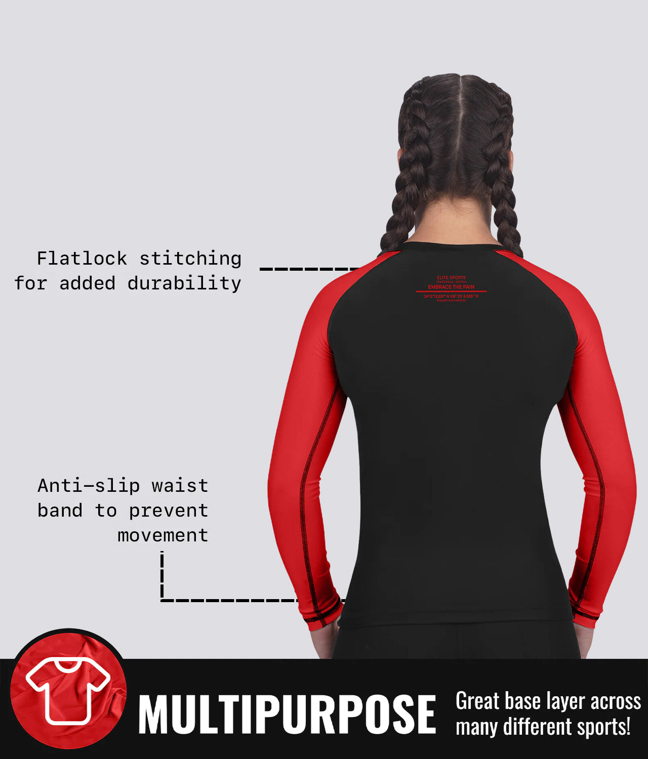 elite sports standard red multipurpose long sleeve womens no-gi bjj rashguard