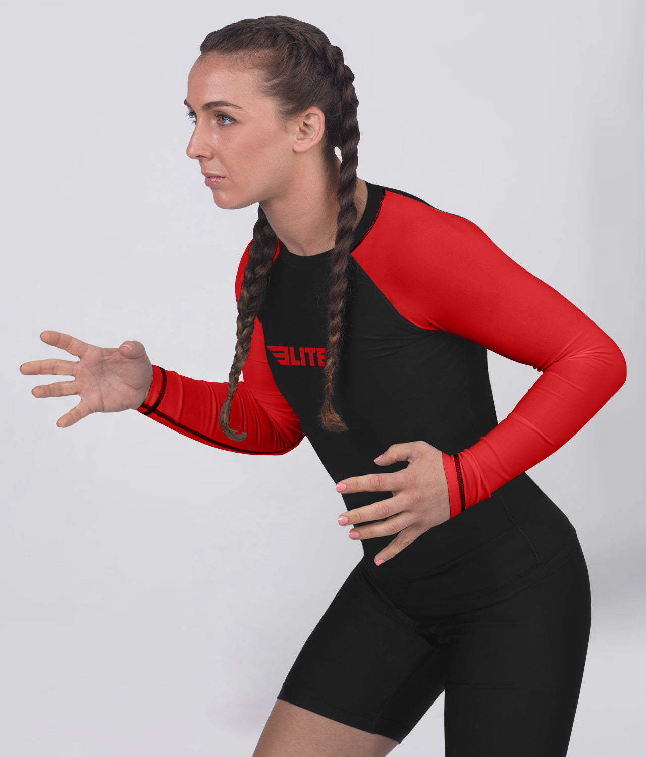 women's standard red long sleeve mma rash guard action view