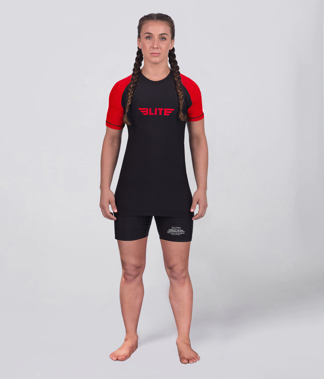 Elite Sports Women's Standard Red Short Sleeve Jiu Jitsu BJJ Rash Guard Full Look