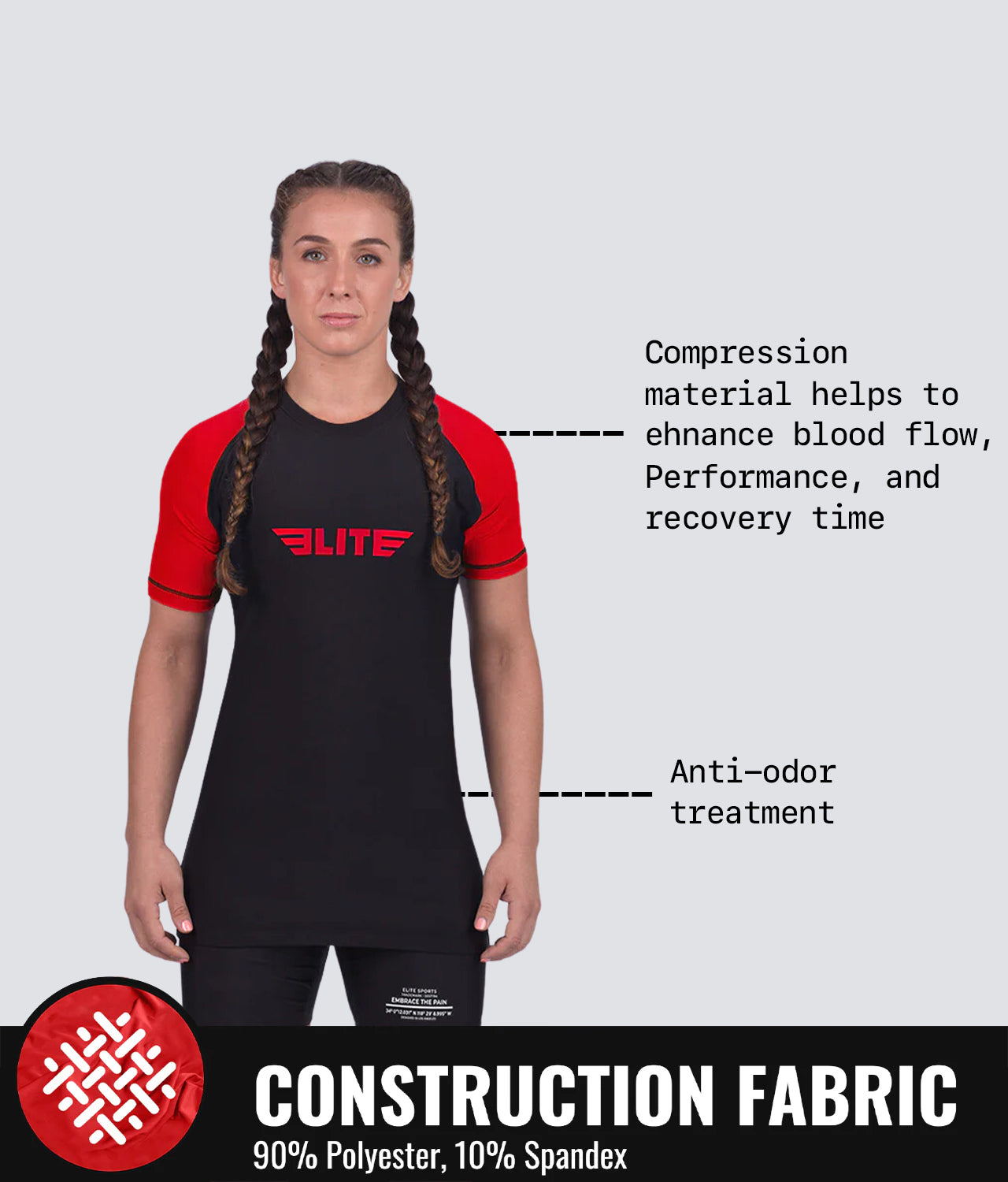 elite sports standard red short sleeve womens bjj rash guard compression fabric