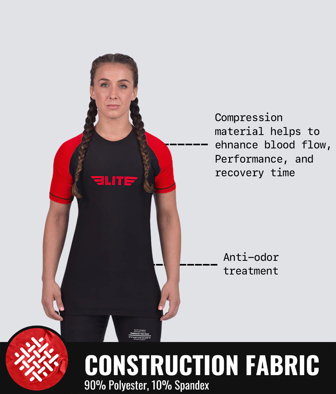 Elite Sports Women's Standard Red Short Sleeve Jiu Jitsu BJJ Rash Guard Construction Fabric