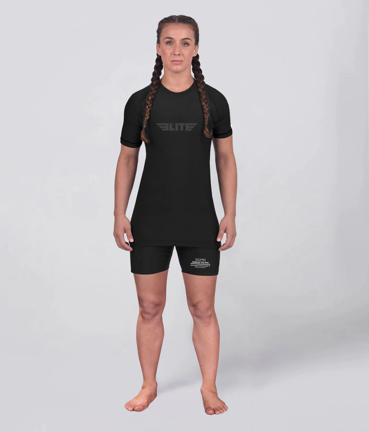 women's standard black short sleeve mma rash guard full look