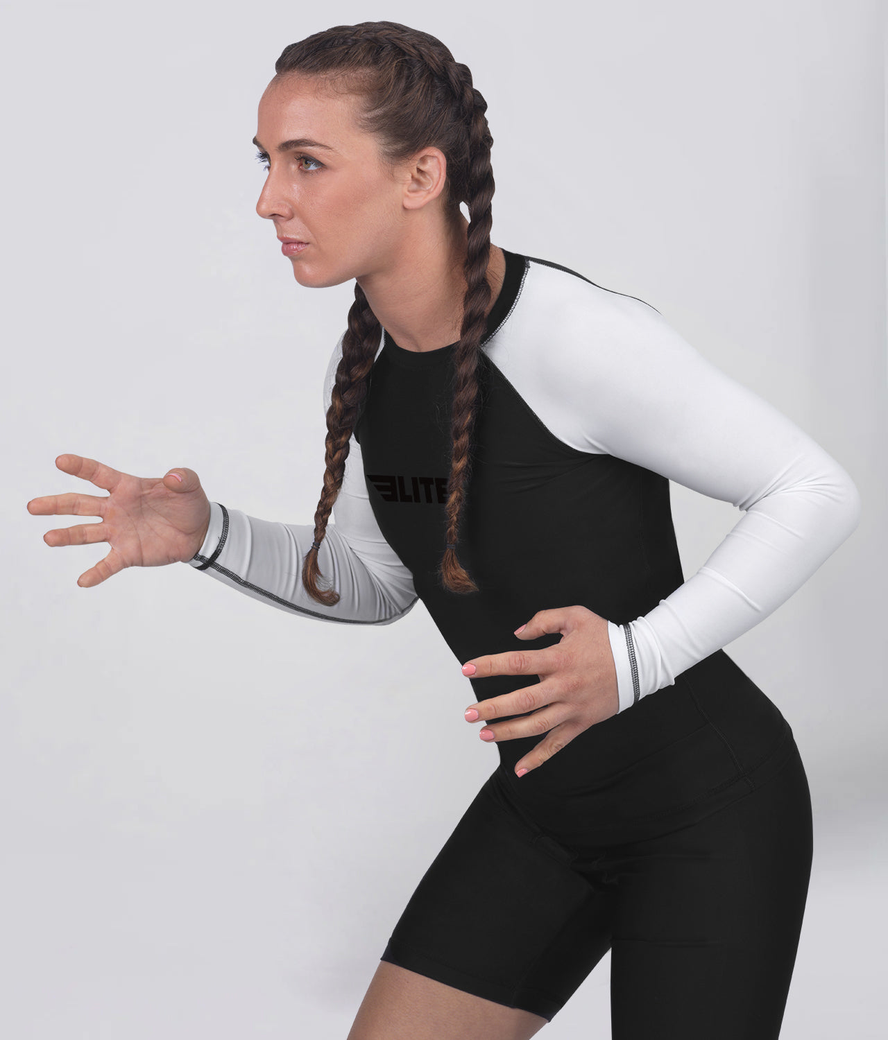 elite sports standard white long sleeve womens no-gi bjj rash guard flatlock seams