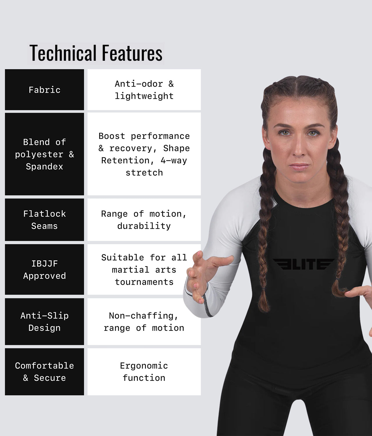 elite sports standard white long sleeve ladies bjj rashguard technical features