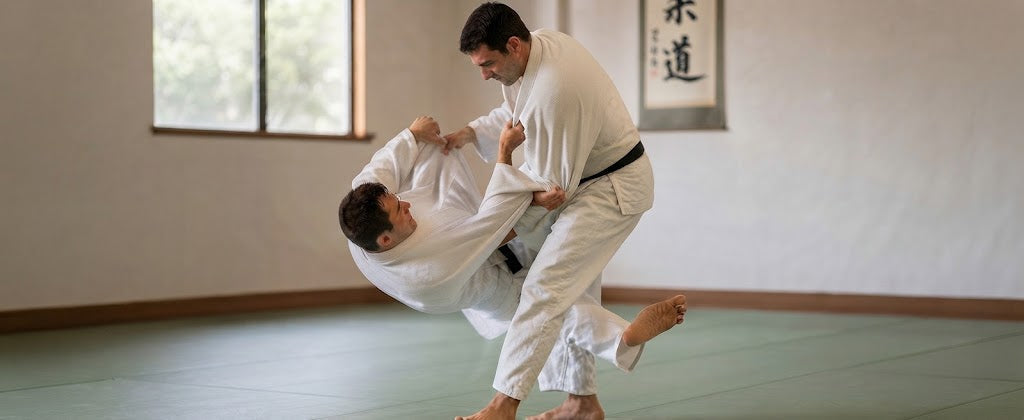 Two judo students in white gis practicing an outer reap throw on a tatami mat