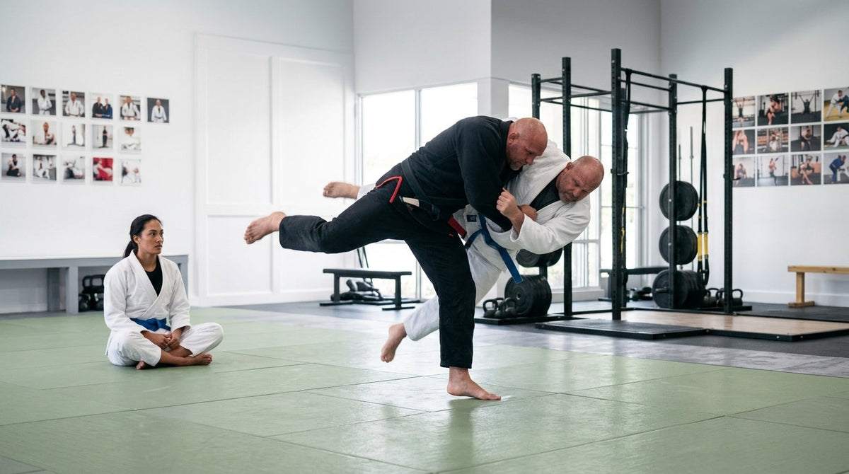 Two judoka performing an O Goshi hip throw on a tatami mat