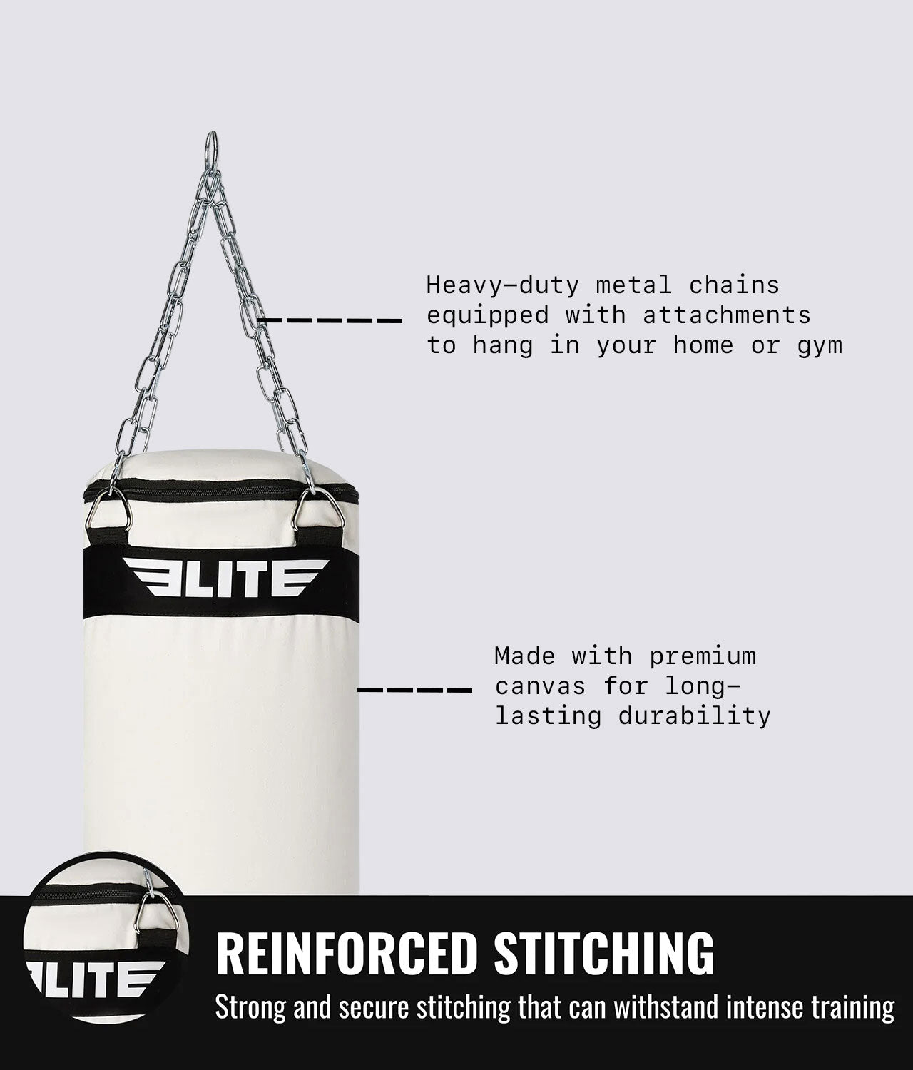 Elite Sports Canvas Punching Bag with Chains Raw Color Reinforced Stitching
