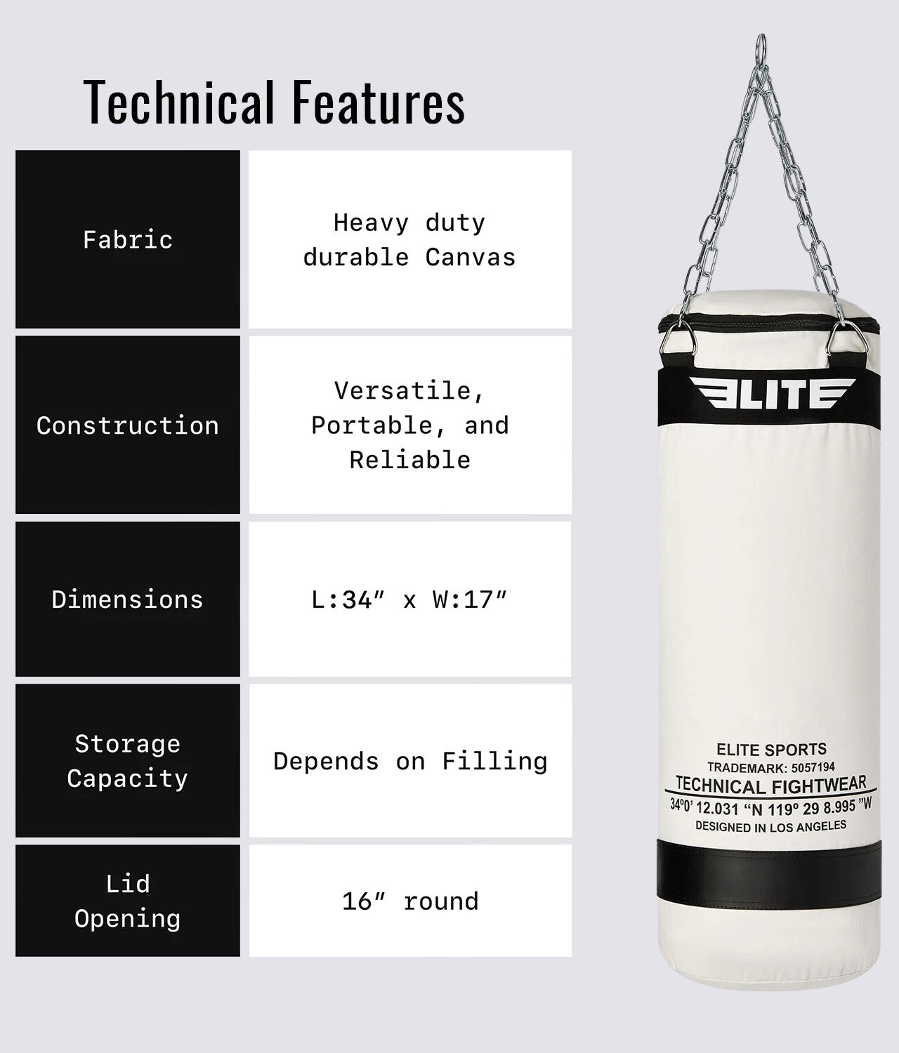 Elite Sports Canvas Punching Bag with Chains Raw Color Technical Features