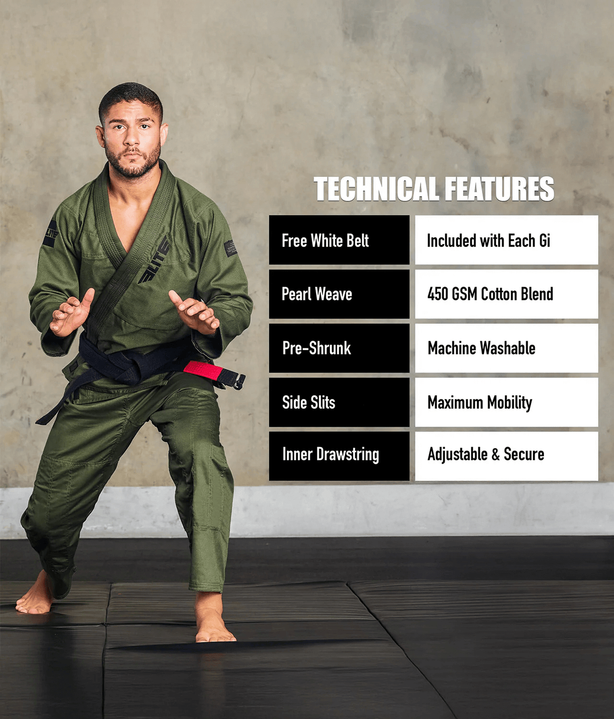 Elite Core Green Adults BJJ Gi w/ Free Belt, Preshrunk Jiu Jitsu Gi