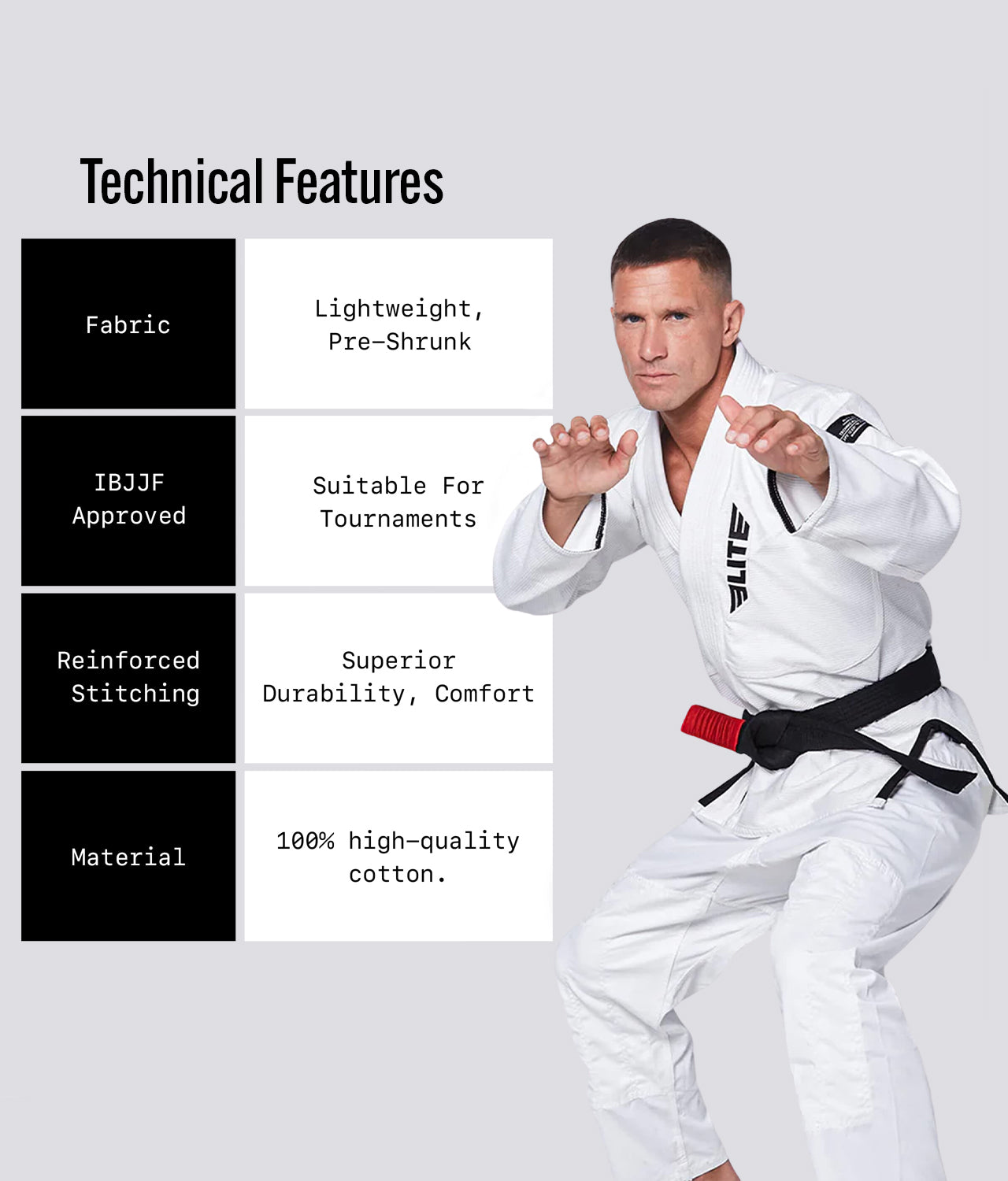 Elite Sports Adults' Jiu Jitsu BJJ Black Belt Technical Features