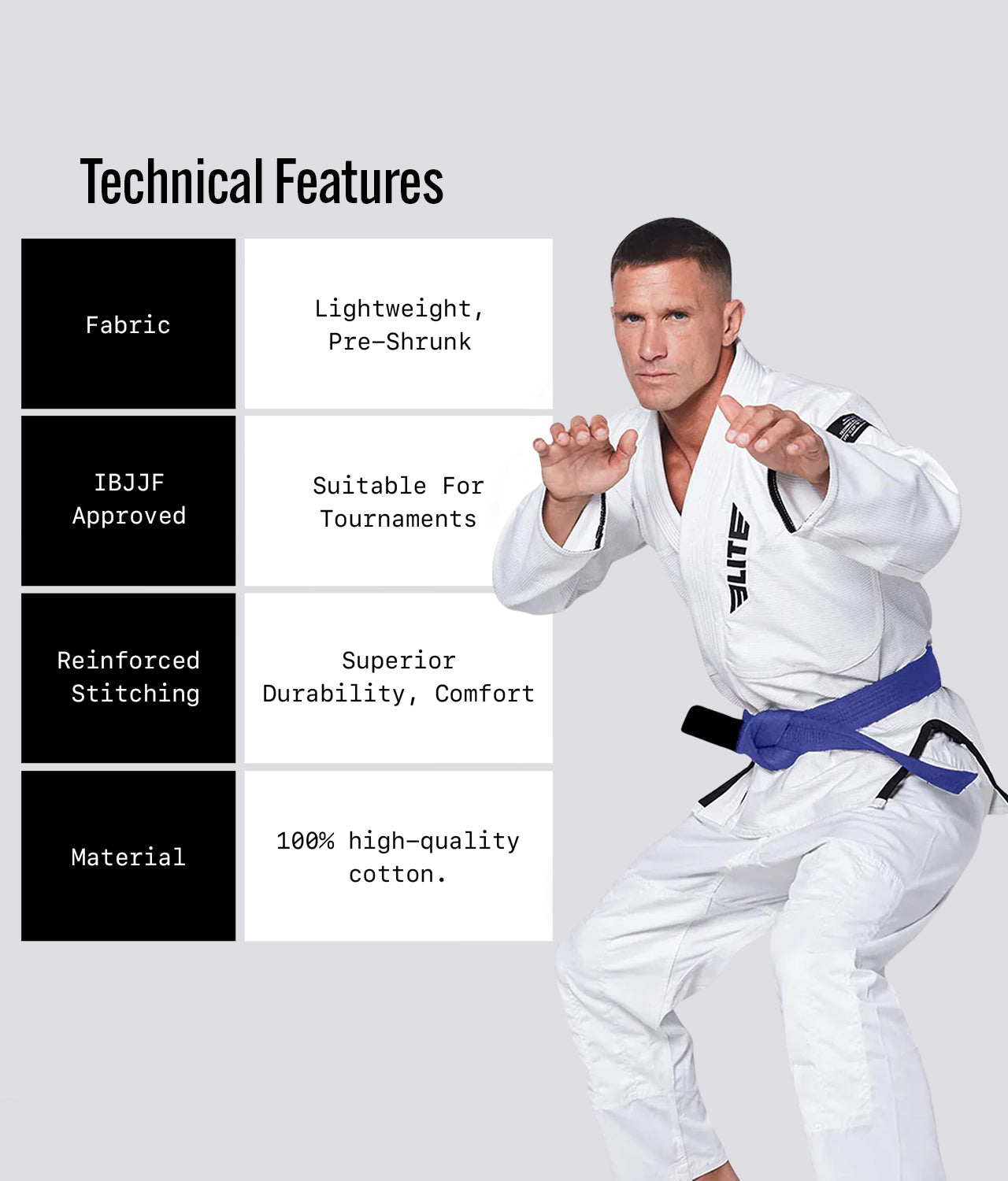 Elite Sports Adults' Jiu Jitsu BJJ Blue Belt Technical Features