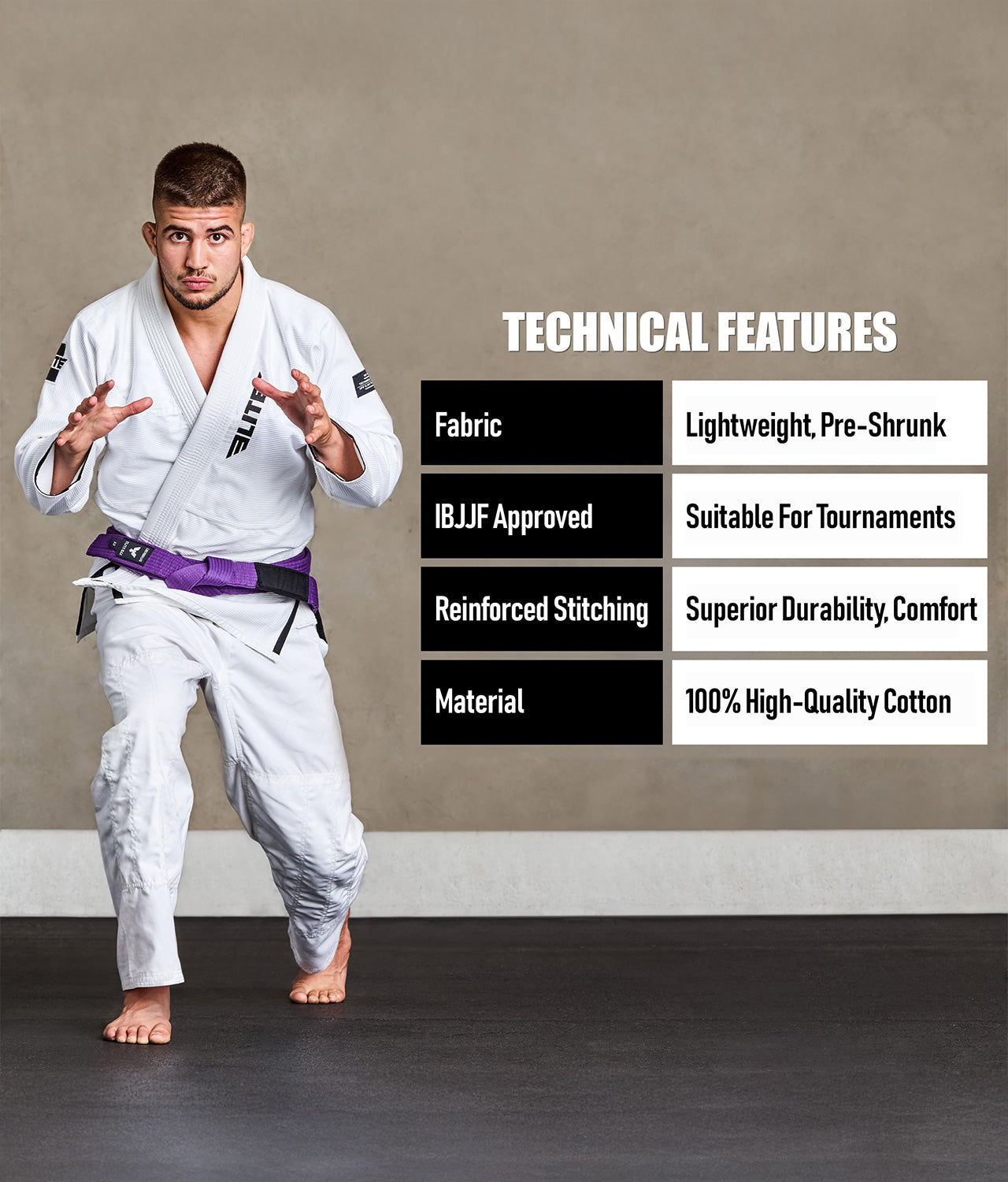 elite sports adults purple bjj belt technical features