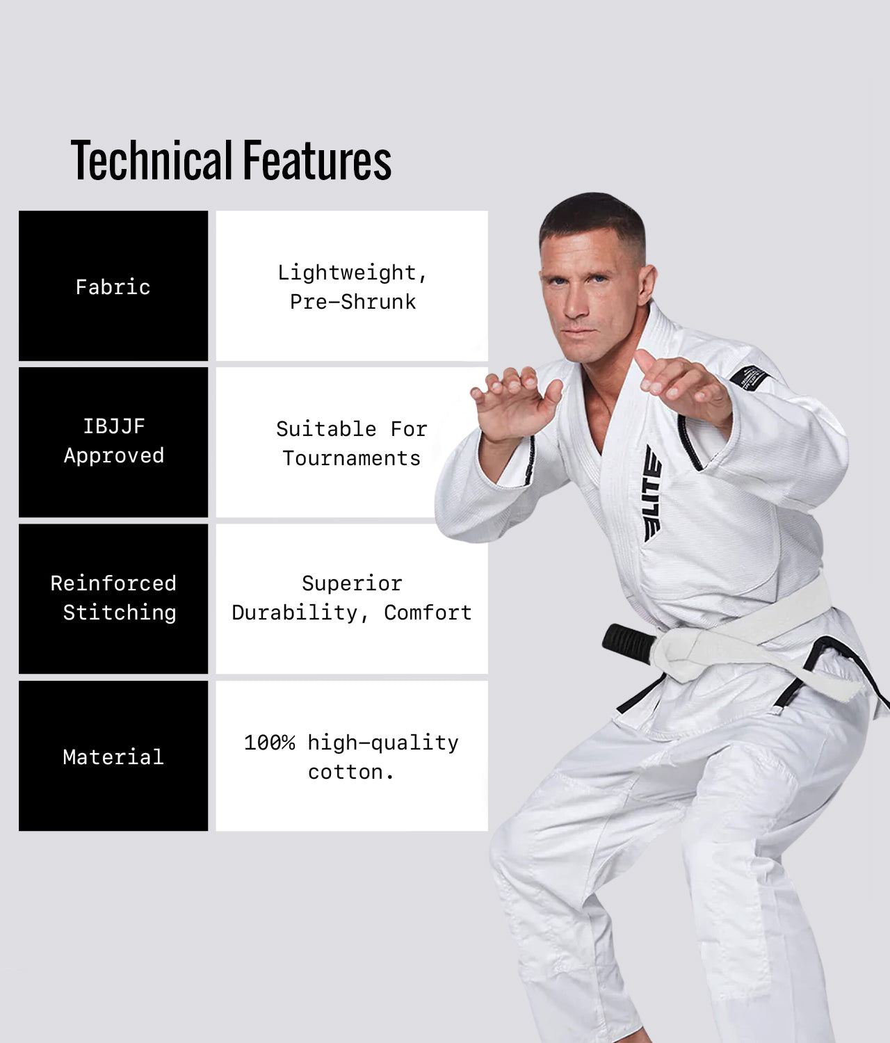 Elite Sports Adults' Jiu Jitsu BJJ White Belt Technical Features