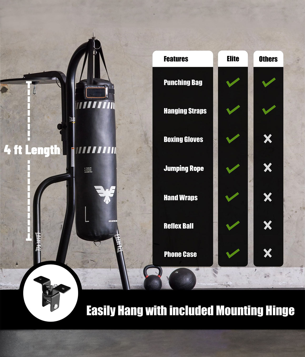 Elite Sports Adults 4 ft Essential Boxing Punching Bag Set Features