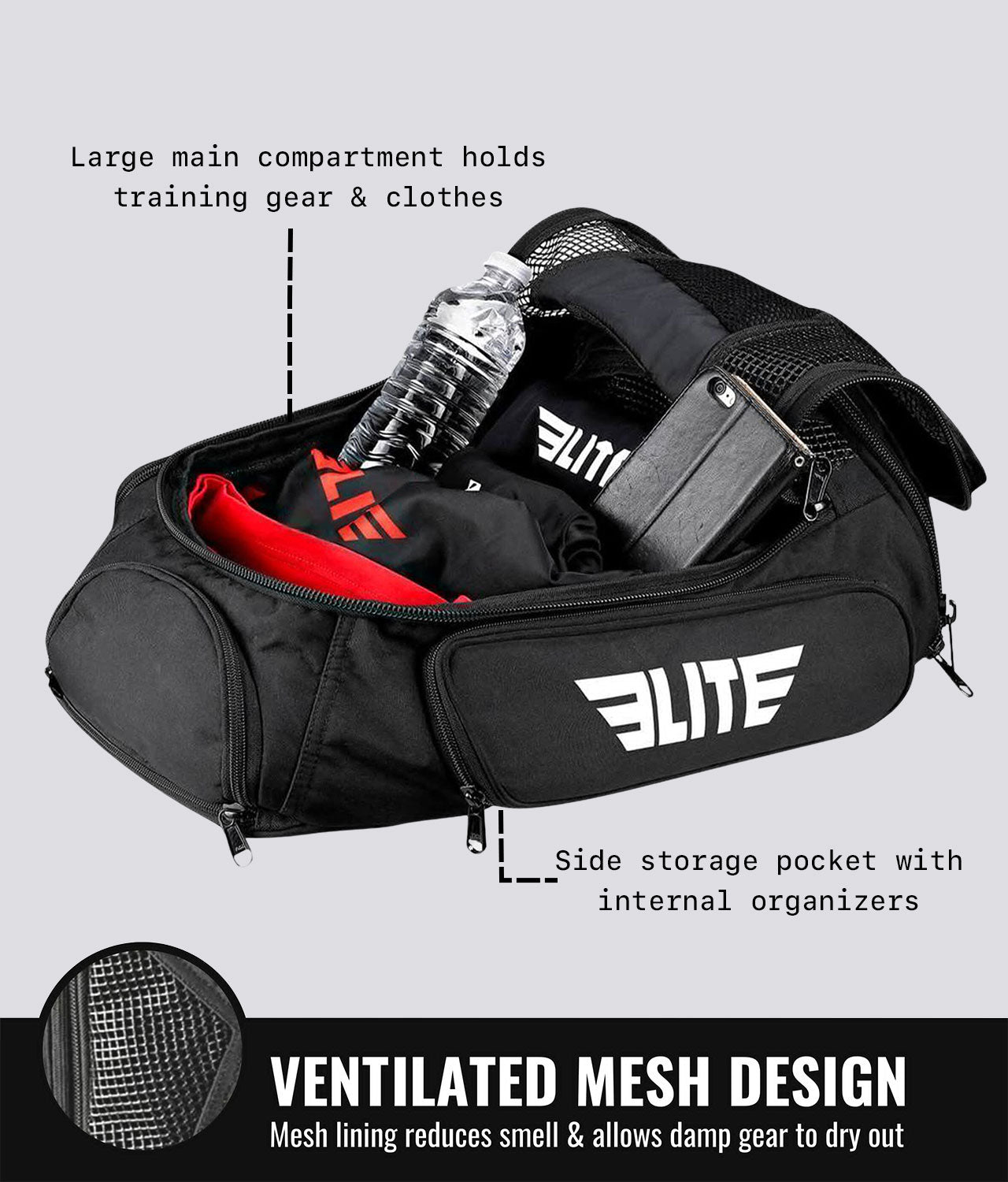 Elite Sports Convertible Black Gym Bag & Backpack Ventilated Mesh Design
