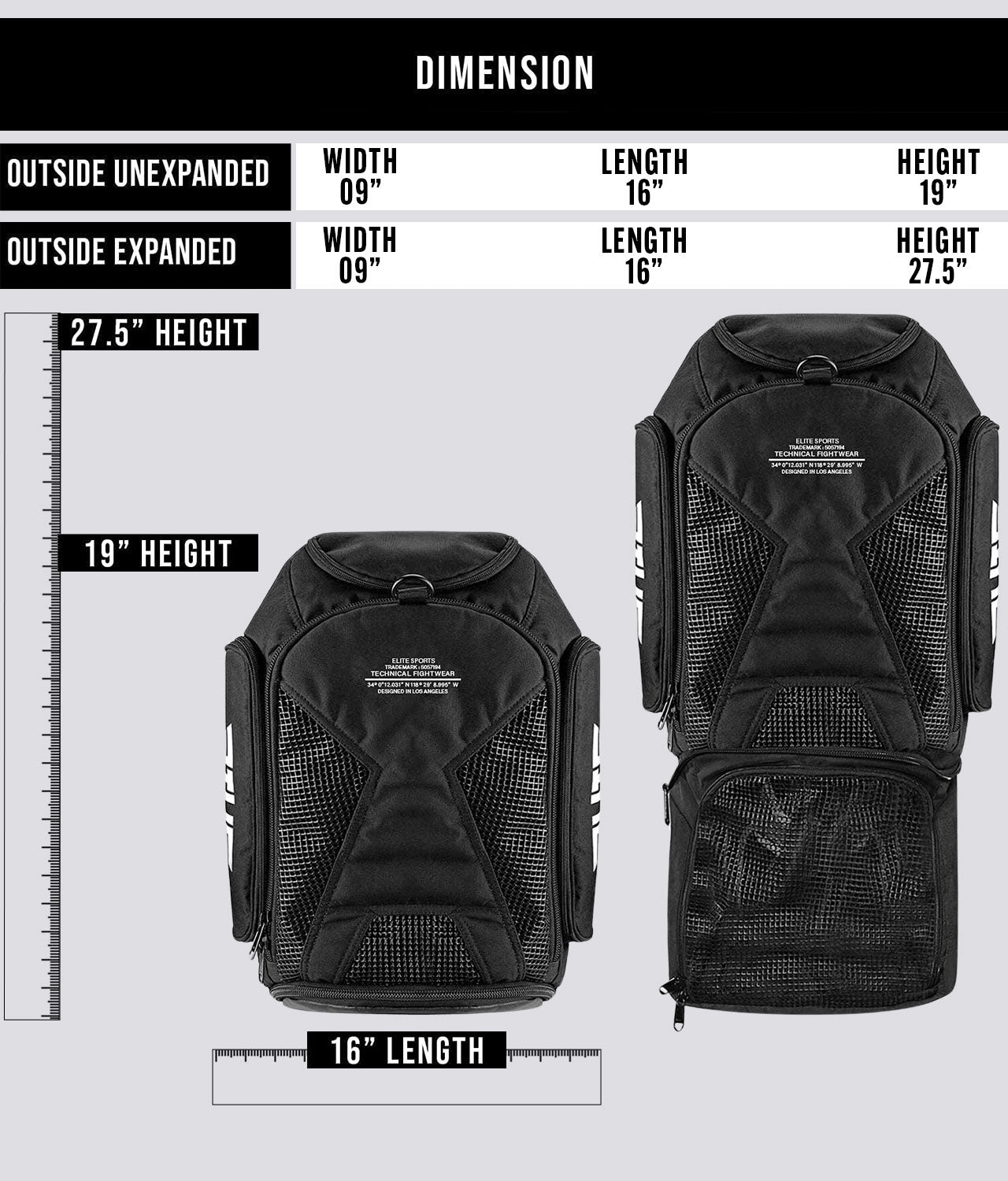 Elite Sports Convertible Black Gym Bag & Backpack Dimension