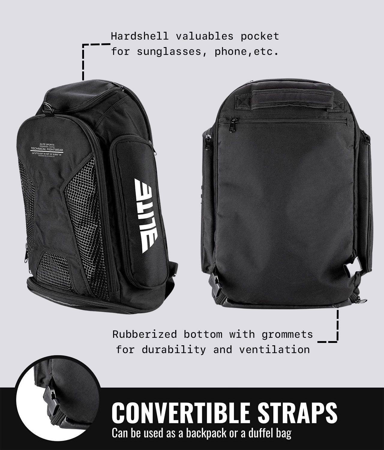 Elite Sports Convertible Black Gym Bag & Backpack Convertible Straps