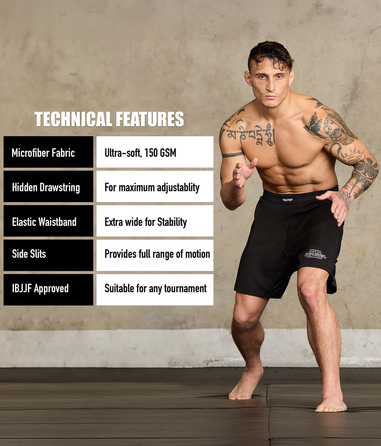 elite sports black jack series black adults mma shorts technical features
