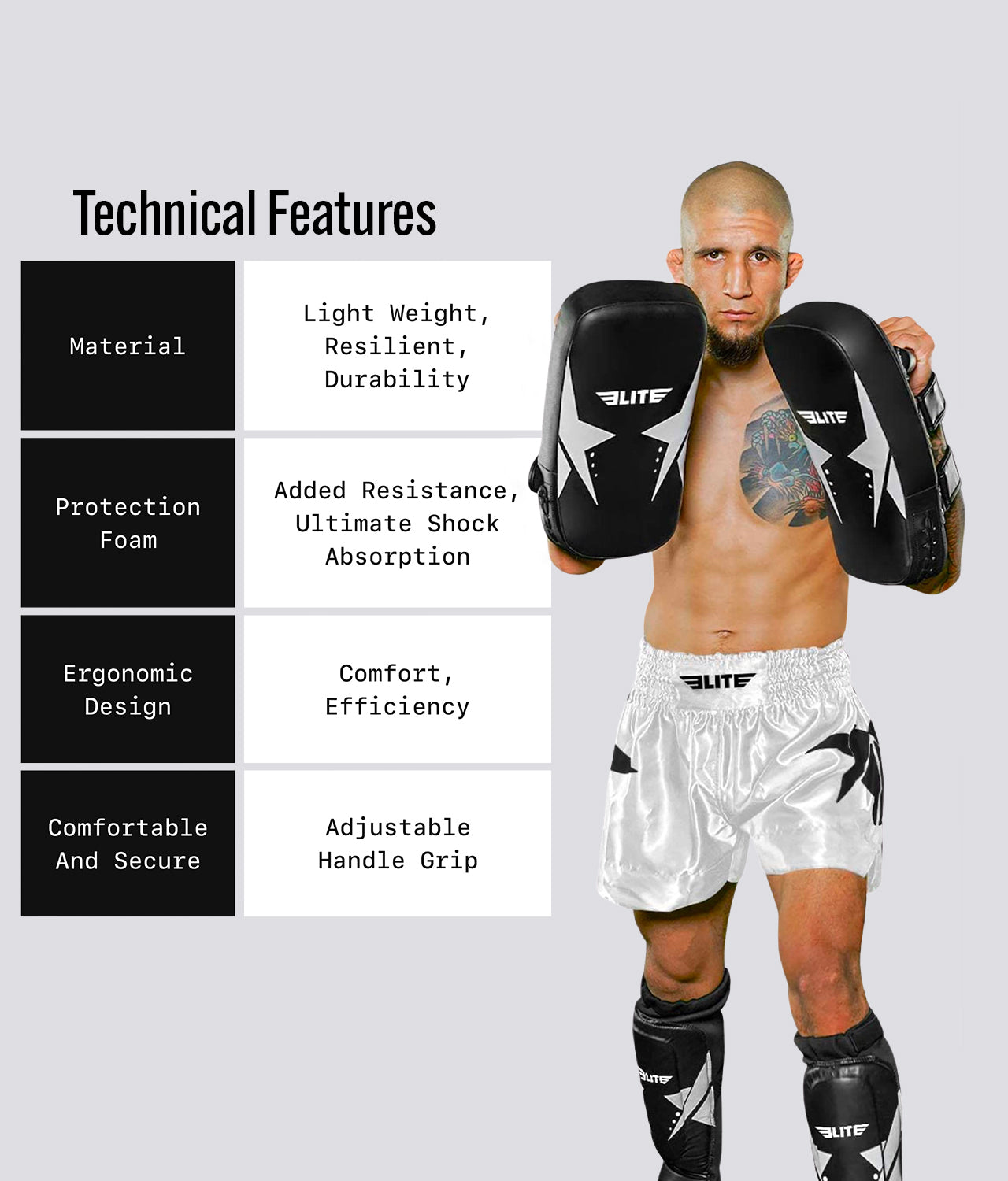 Elite Sports Adults' Black/White Muay Thai Kick Pad Technical Features