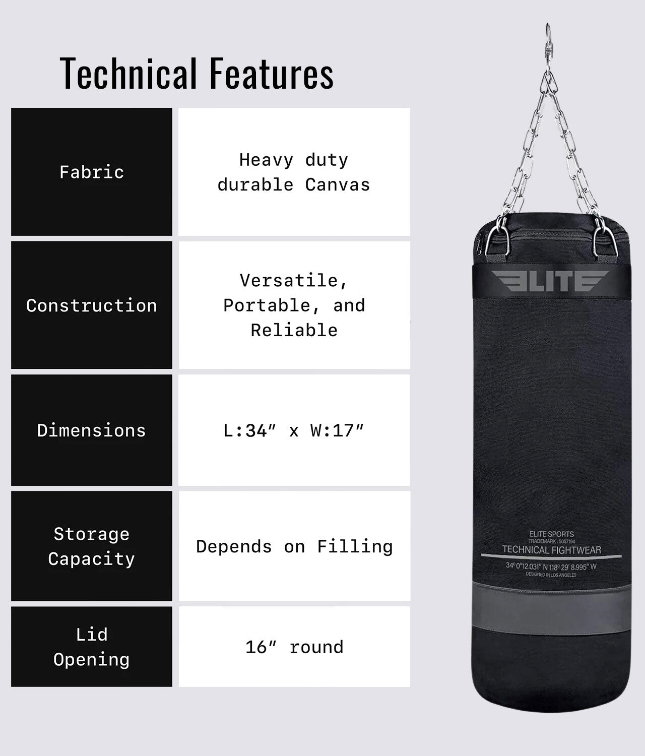 Elite Sports Canvas Punching Bag Technical Features