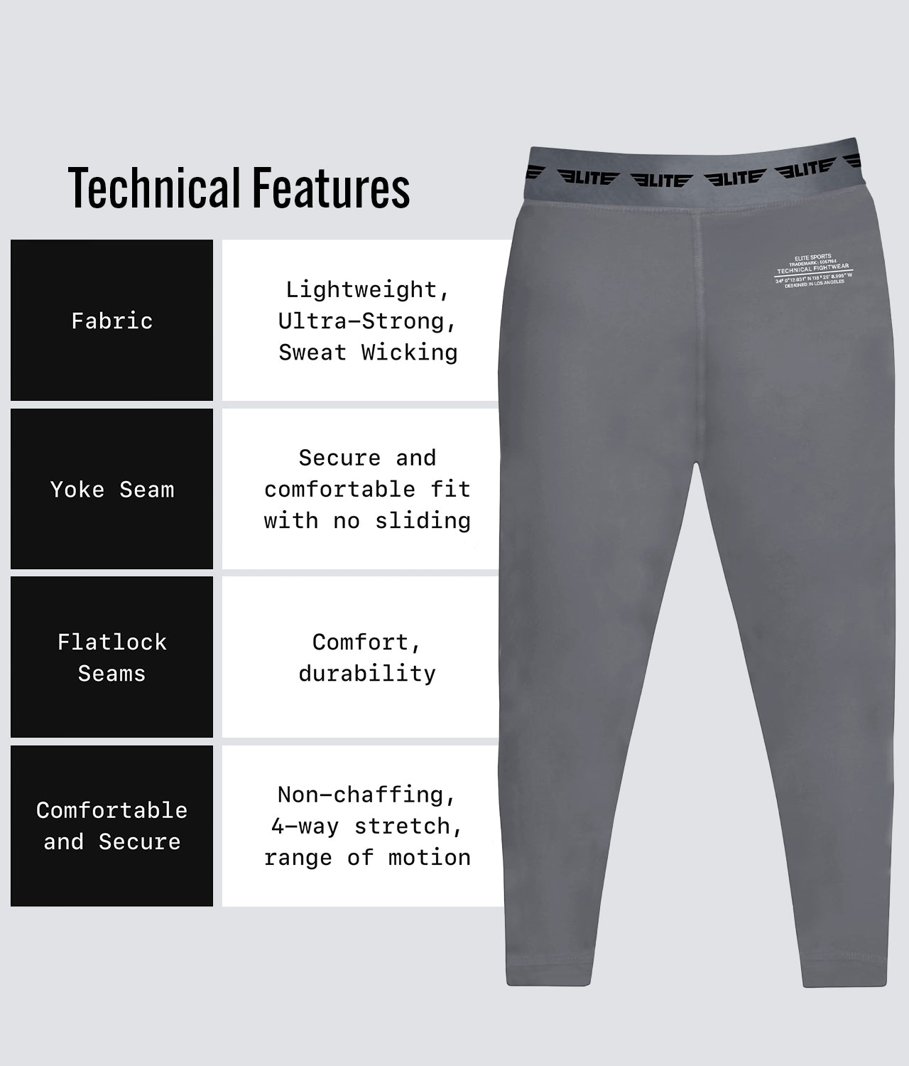 Elite Sports Kids' Plain Gray Compression Jiu Jitsu Bjj Spat Pants Technical Features