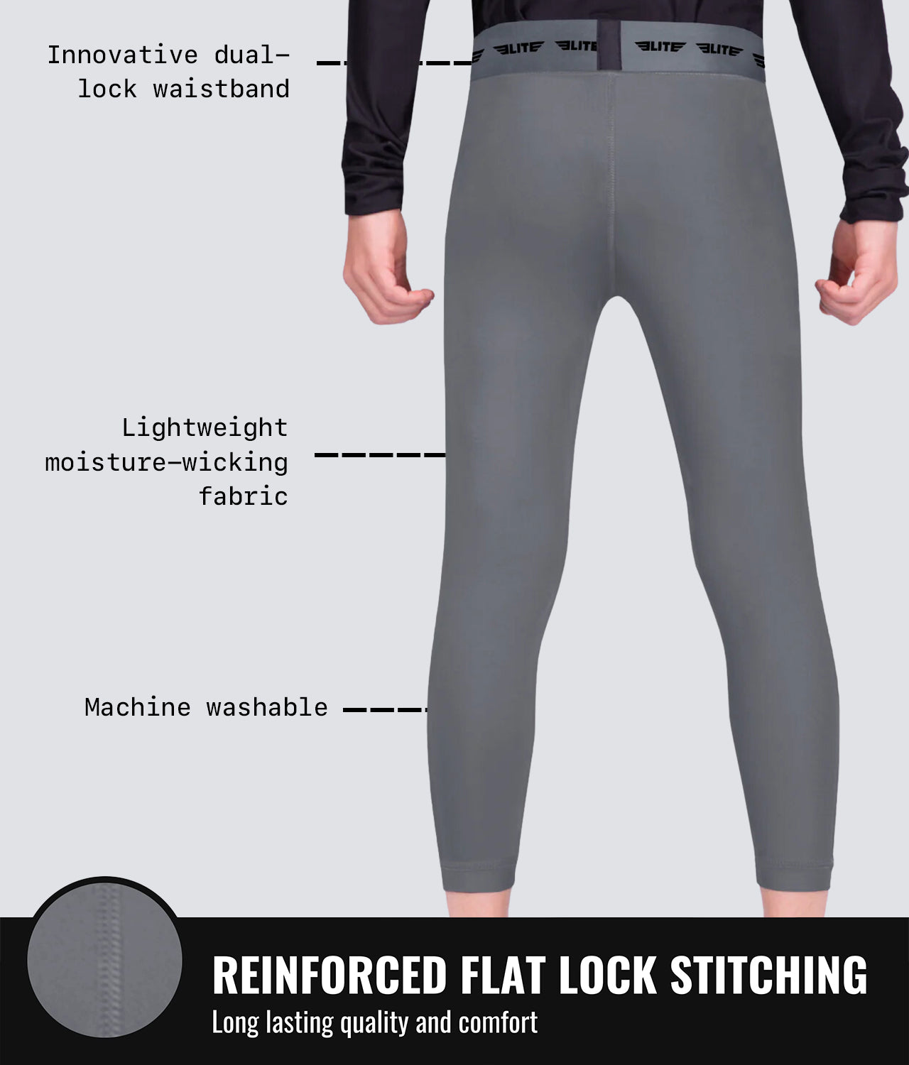 Elite Sports Kids' Plain Gray Compression Jiu Jitsu Bjj Spat Pants Flat Lock Stitching