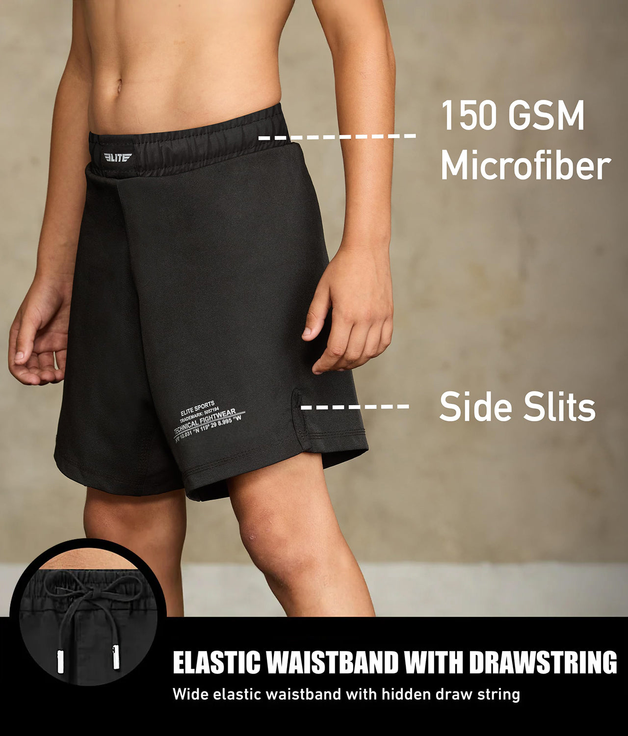 elite sports black jack series black kids Brazilian jiu jitsu shorts with elastic waistband