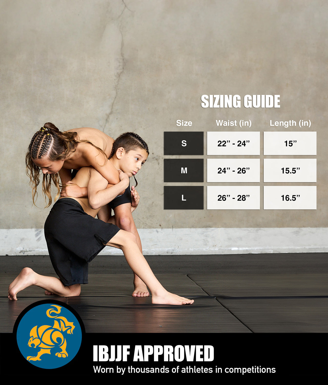 Size Chart for Kids BJJ No-Gi Shorts