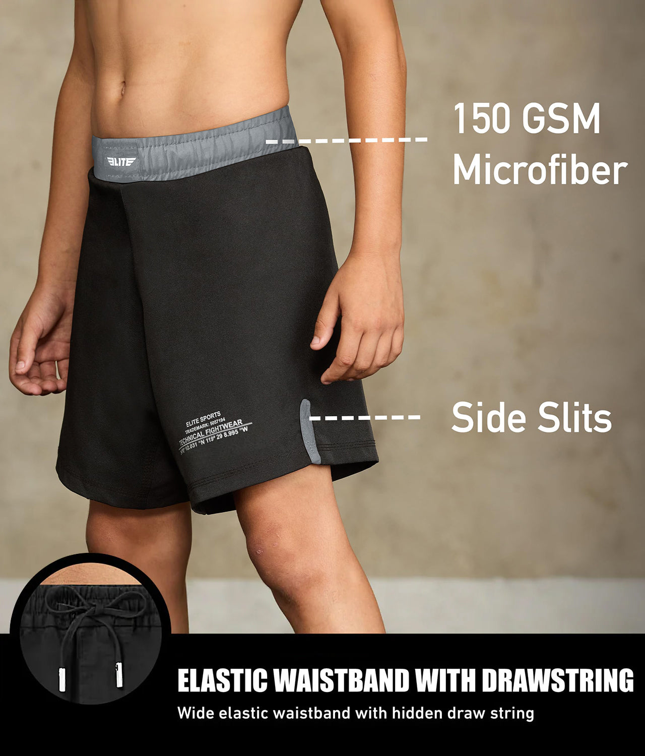 elite sports black jack series gray kids mma shorts with elastic waistband