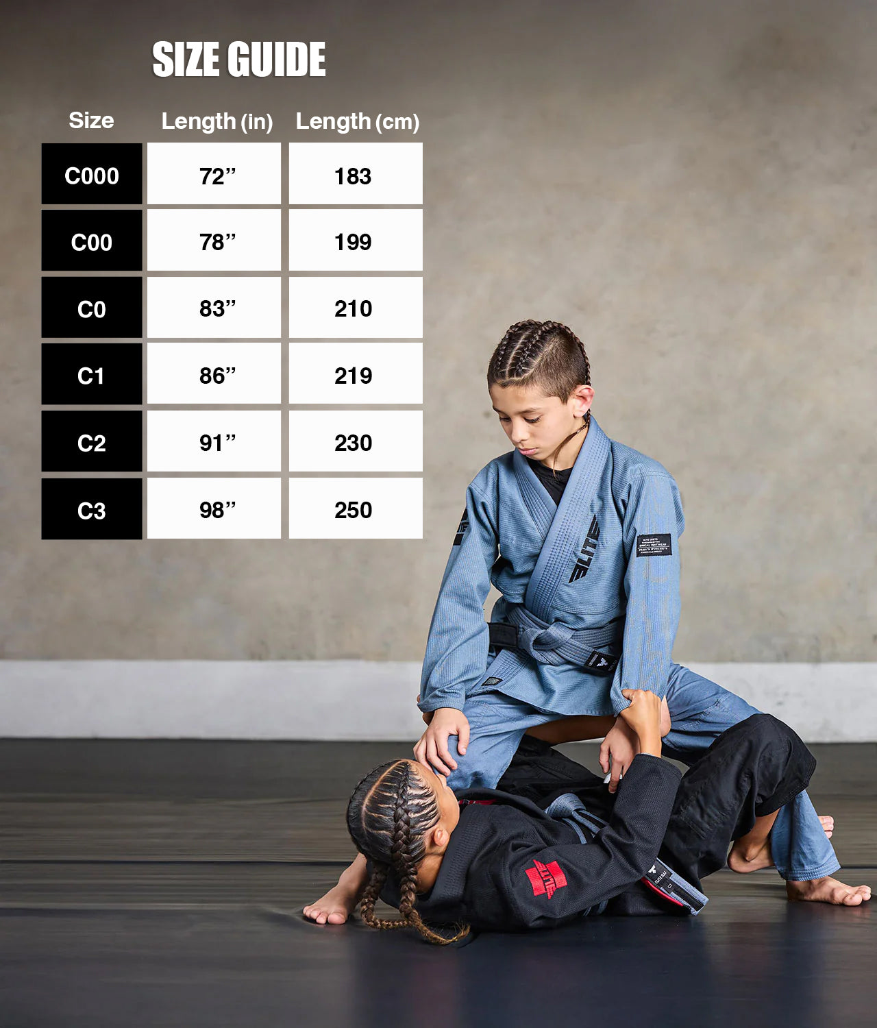 elite sports kids Brazilian jiu jitsu gray bjj belt size guide