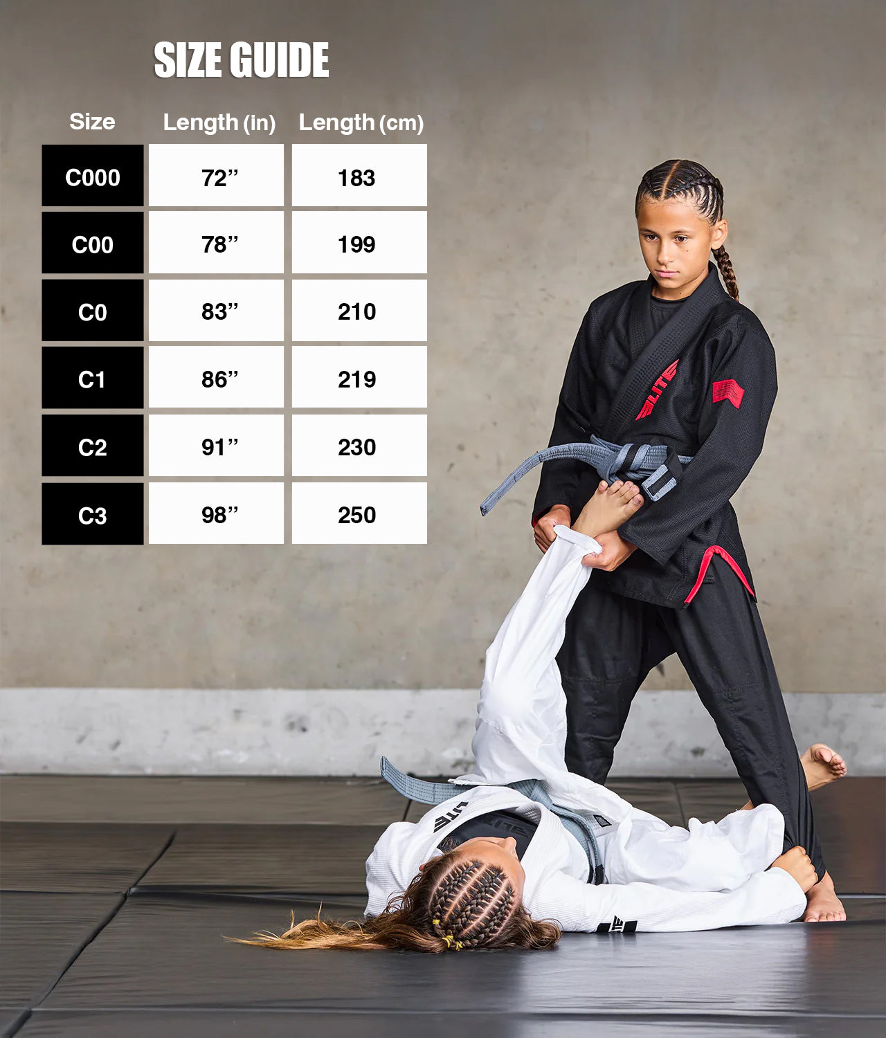 elite sports kids Brazilian jiu jitsu gray/black bjj belt size guide