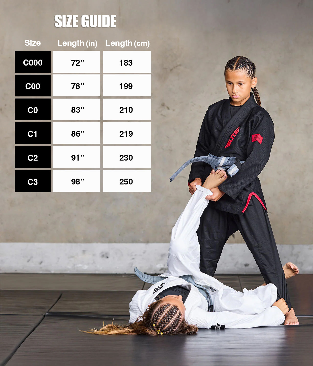elite sports kids Brazilian jiu jitsu gray/white bjj belt size guide
